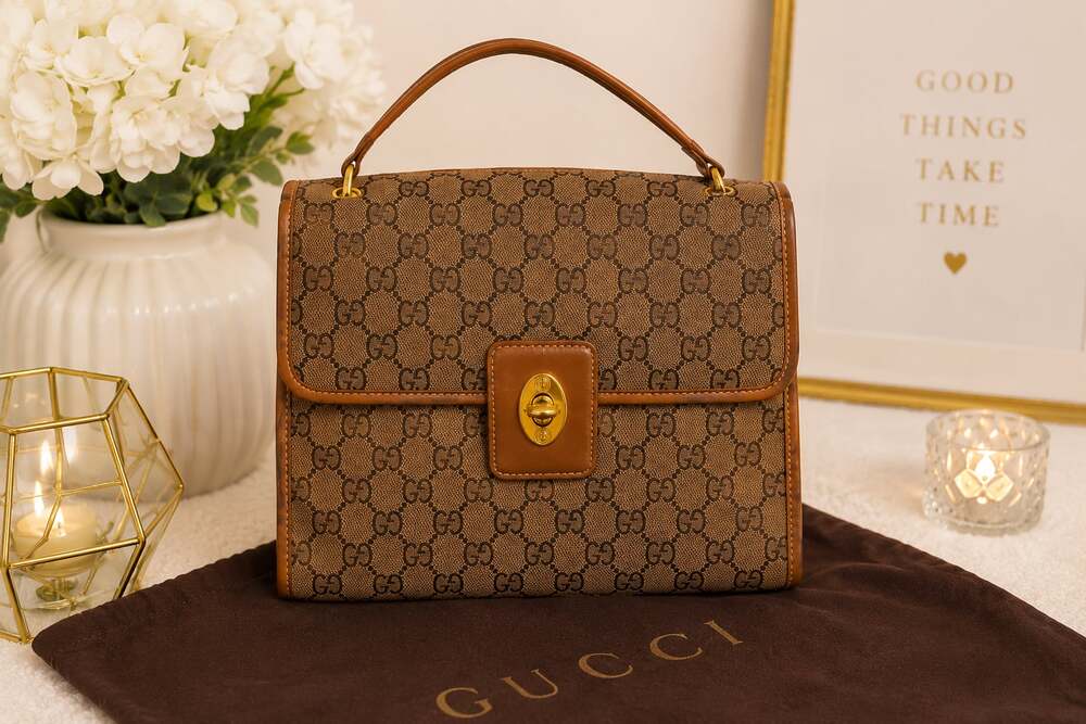 Vintage Gucci Monogram Brown Leather Top Handle Handbag 000.101.0274